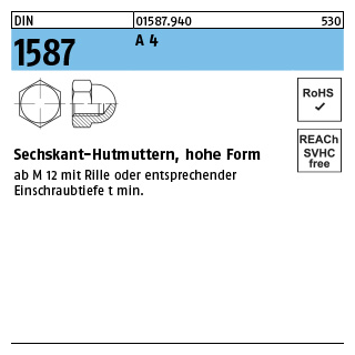 100 Stück, DIN 1587 A 4 Sechskant-Hutmuttern, hohe Form - Abmessung: M 4