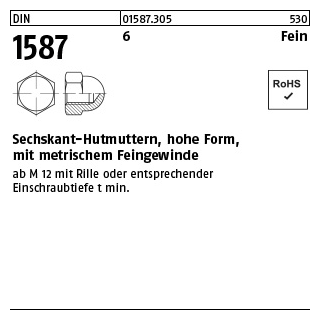 100 Stück, DIN 1587 6 Fein Sechskant-Hutmuttern, hohe Form, mit metrischem Feingewinde - Abmessung: M 8 x 1