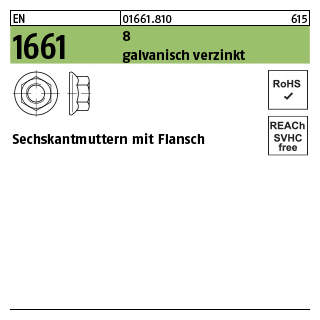 1000 Stück, EN 1661 8 galvanisch verzinkt Sechskantmuttern mit Flansch - Abmessung: M 4