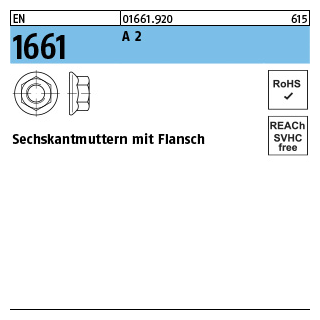 1000 Stück, EN 1661 A 2 Sechskantmuttern mit Flansch - Abmessung: M 4