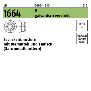 100 Stück, EN 1664 8 galvanisch verzinkt Sechskantmuttern mit Klemmteil und Flansch (Ganzmetallmuttern) - Abmessung: M 5