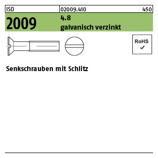 200 Stück, ISO 2009 4.8 galvanisch verzinkt Senkschrauben mit Schlitz - Abmessung: M 2,5 x 8
