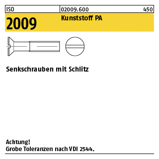200 Stück, ISO 2009 Kunststoff PA Senkschrauben mit Schlitz - Abmessung: M 3 x 8