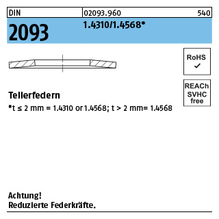 200 Stück, DIN 2093 1.4310/1.4568 Tellerfedern - Abmessung: 12,5x 6,2x0,5