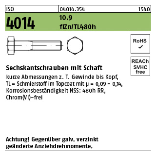 200 Stück, ISO 4014 10.9 flZn/TL 480h (zinklamellenbesch.) Sechskantschrauben mit Schaft - Abmessung: M 6 x 45