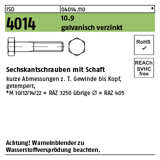 200 Stück, ISO 4014 10.9 galvanisch verzinkt Sechskantschrauben mit Schaft - Abmessung: M 6 x 65