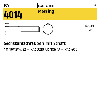 100 Stück, ISO 4014 Messing Sechskantschrauben mit Schaft - Abmessung: M 8 x 40
