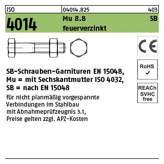 100 Stück, ISO 4014 Mu 8.8 SB feuerverzinkt SB-Schrauben-Garnituren EN 15048, mit Sechskantmutter ISO 4032 - Abmessung: M 10 x 40
