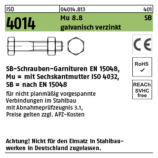 50 Stück, ISO 4014 Mu 8.8 SB galvanisch verzinkt SB-Schrauben-Garnituren EN 15048, mit Sechskantmutter ISO 4032 - Abmessung: M 10 x 110