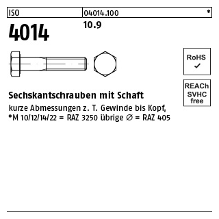 50 Stück, ISO 4014 10.9 Sechskantschrauben mit Schaft - Abmessung: M 10 x 150