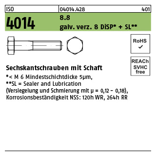100 Stück, ISO 4014 8.8 galv. verz. 8 DiSP + SL Sechskantschrauben mit Schaft - Abmessung: M 12 x 55