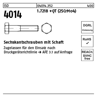 50 Stück, ISO 4014 1.7218 +QT (25CrMo4) Sechskantschrauben mit Schaft - Abmessung: M 12 x 110