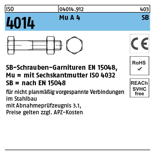 10 Stück, ISO 4014 Mu A 4 SB SB-Schrauben-Garnituren EN 15048, mit Sechskantmutter ISO 4032 - Abmessung: M 20 x 70