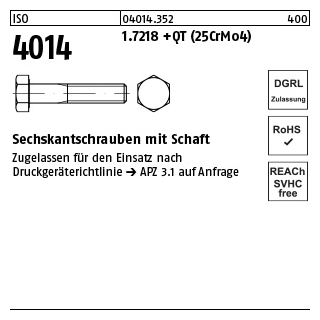 1 Stück, ISO 4014 1.7218 +QT (25CrMo4) Sechskantschrauben mit Schaft - Abmessung: M 20 x 280