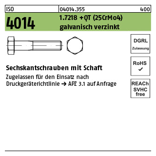 1 Stück, ISO 4014 1.7218 +QT (25CrMo4) galvanisch verzinkt Sechskantschrauben mit Schaft - Abmessung: M 24 x 240