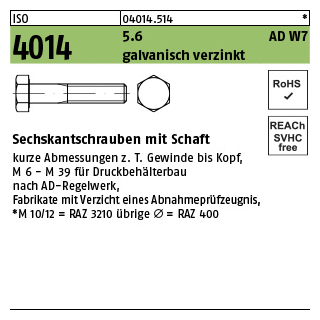 ISO 4014 5.6 AD W7 galvanisch verzinkt Sechskantschrauben mit Schaft - Abmessung: M 27 x 120, Inhalt: 10 Stück