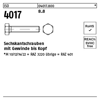 100 Stück, ISO 4017 8.8 Sechskantschrauben mit Gewinde bis Kopf - Abmessung: M 3 x 6