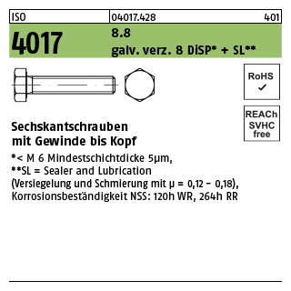 500 Stück, ISO 4017 8.8 galv. verz. 8 DiSP + SL Sechskantschrauben mit Gewinde bis Kopf - Abmessung: M 3 x 8