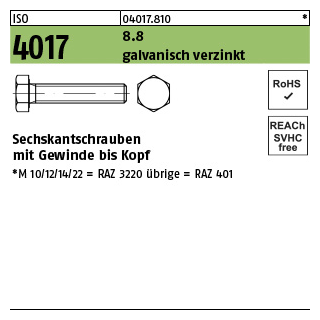 200 Stück, ISO 4017 8.8 galvanisch verzinkt Sechskantschrauben mit Gewinde bis Kopf - Abmessung: M 5 x 75