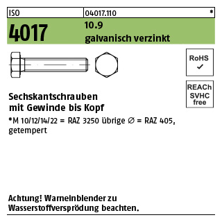500 Stück, ISO 4017 10.9 galvanisch verzinkt Sechskantschrauben mit Gewinde bis Kopf - Abmessung: M 6 x 10