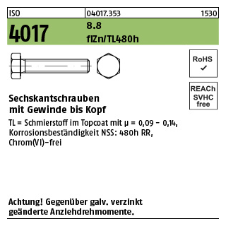 500 Stück, ISO 4017 8.8 flZn/TL 480h (zinklamellenbesch.) Sechskantschrauben mit Gewinde bis Kopf - Abmessung: M 6 x 10