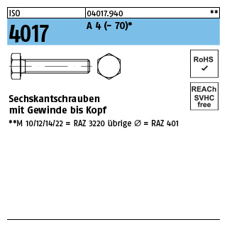 100 Stück, ISO 4017 A 4 - 70 Sechskantschrauben mit Gewinde bis Kopf - Abmessung: M 6 x 10