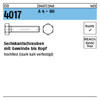 100 Stück, ISO 4017 A 4 - 80 Sechskantschrauben mit Gewinde bis Kopf - Abmessung: M 6 x 25