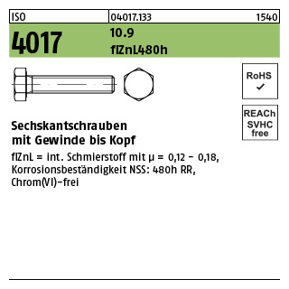 200 Stück, ISO 4017 10.9 flZnL 480h (zinklamellenbesch.) Sechskantschrauben mit Gewinde bis Kopf - Abmessung: M 6 x 40