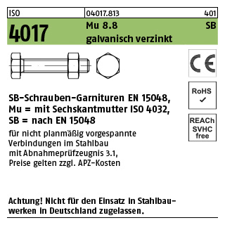 200 Stück, ISO 4017 Mu 8.8 SB galvanisch verzinkt SB-Schrauben-Garnituren EN 15048, mit Sechskantmutter ISO 4032 - Abmessung: M 10 x 20