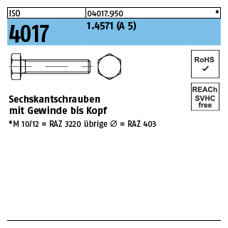 1 Stück, ISO 4017 1.4571 (A 5) Sechskantschrauben mit Gewinde bis Kopf - Abmessung: M 10 x 20