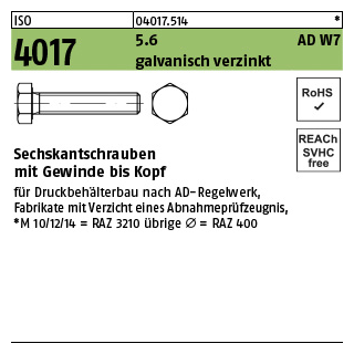 100 Stück, ISO 4017 5.6 AD W7 galvanisch verzinkt Sechskantschrauben mit Gewinde bis Kopf - Abmessung: M 10 x 60