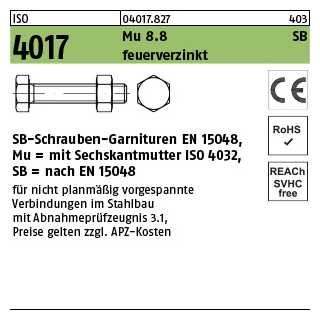 100 Stück, ISO 4017 Mu 8.8 SB feuerverzinkt SB-Schrauben-Garnituren EN 15048, mit Sechskantmutter ISO 4032 - Abmessung: M 10 x 60