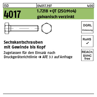 100 Stück, ISO 4017 1.7218 +QT (25CrMo4) galvanisch verzinkt Sechskantschrauben mit Gewinde bis Kopf - Abmessung: M 12 x 20