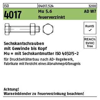 100 Stück, ISO 4017 Mu 5.6 AD W7 feuerverzinkt Sechskantschrauben mit Gewinde bis Kopf mit Sechskantmutter ISO 4032/5-2 - Abmessung: M 12 x 40