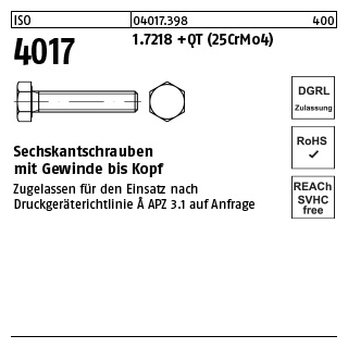 1 Stück, ISO 4017 1.7218 +QT (25CrMo4) Sechskantschrauben mit Gewinde bis Kopf - Abmessung: M 20 x 200