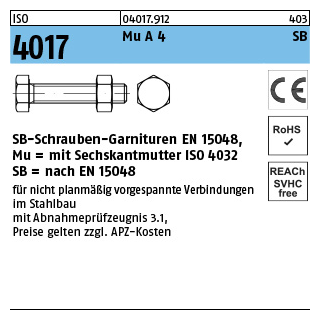 10 Stück, ISO 4017 Mu A 4 SB SB-Schrauben-Garnituren EN 15048, mit Sechskantmutter ISO 4032 - Abmessung: M 24 x 70