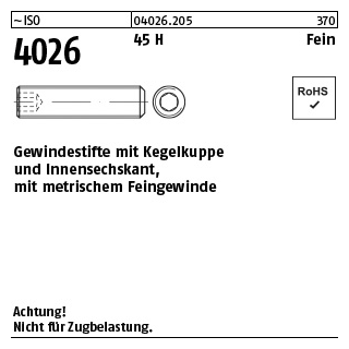 100 Stück, ~ISO 4026 45 H Fein Gewindestifte mit Kegelkuppe und Innensechskant, mit metr. Feingewinde - Abmessung: M10 x 1 x 60