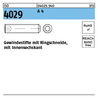 500 Stück, ISO 4029 A 4 Gewindestifte mit Ringschneide und Innensechskant - Abmessung: M 3 x 6