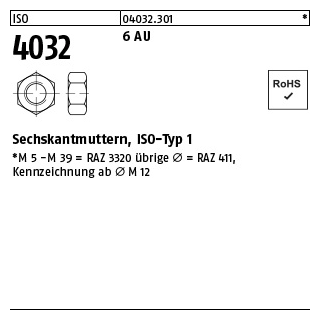 100 Stück, ISO 4032 6 AU Sechskantmuttern, ISO-Typ 1 - Abmessung: M 1,4