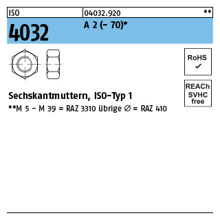 100 Stück, ISO 4032 A 2 - 70 Sechskantmuttern, ISO-Typ 1 - Abmessung: M 3,5*