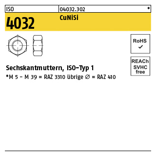 100 Stück, ISO 4032 CuNiSi Sechskantmuttern, ISO-Typ 1 - Abmessung: M 6