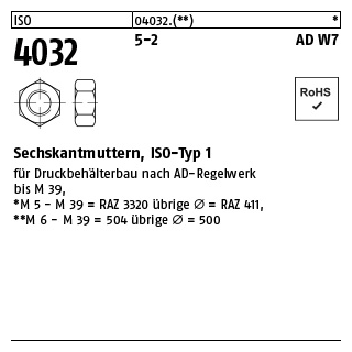 100 Stück, ISO 4032 5-2 AD W7 Sechskantmuttern, ISO-Typ 1 - Abmessung: M 6