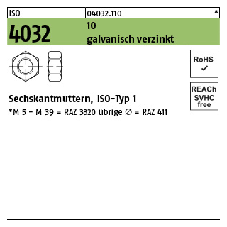 1000 Stück, ISO 4032 10 galvanisch verzinkt Sechskantmuttern, ISO-Typ 1 - Abmessung: M 8