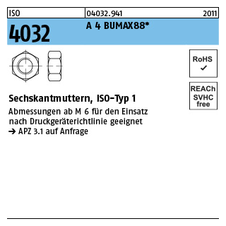 100 Stück, ISO 4032 A 4 BUMAX88 Sechskantmuttern, ISO-Typ 1 - Abmessung: M 8