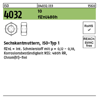 500 Stück, ISO 4032 10 flZnL 480h (zinklamellenbesch.) Sechskantmuttern, ISO-Typ 1 - Abmessung: M 10