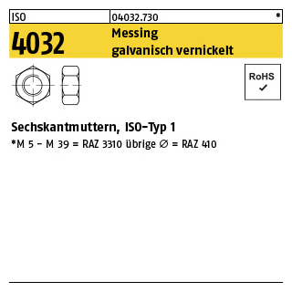 100 Stück, ISO 4032 Messing galvanisch vernickelt Sechskantmuttern, ISO-Typ 1 - Abmessung: M 10