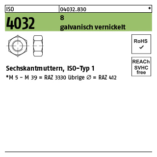 500 Stück, ISO 4032 8 galvanisch vernickelt Sechskantmuttern, ISO-Typ 1 - Abmessung: M 10