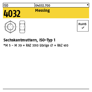 250 Stück, ISO 4032 Messing Sechskantmuttern, ISO-Typ 1 - Abmessung: M 12