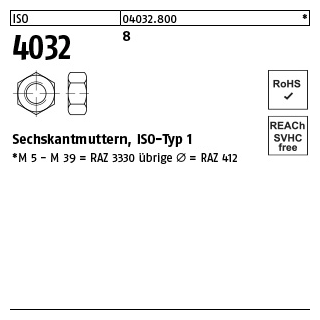 100 Stück, ISO 4032 8 Sechskantmuttern, ISO-Typ 1 - Abmessung: M 18