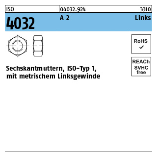 25 Stück, ISO 4032 A 2 Links Sechskantmuttern, ISO-Typ 1, mit metrischem Linksgewinde - Abmessung: M 18